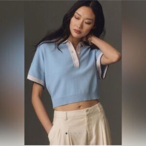 By Anthropologie blue cropped knit short sleeve polo top size XS